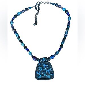 Chico's Blue and Teal Beaded Pendant Necklace